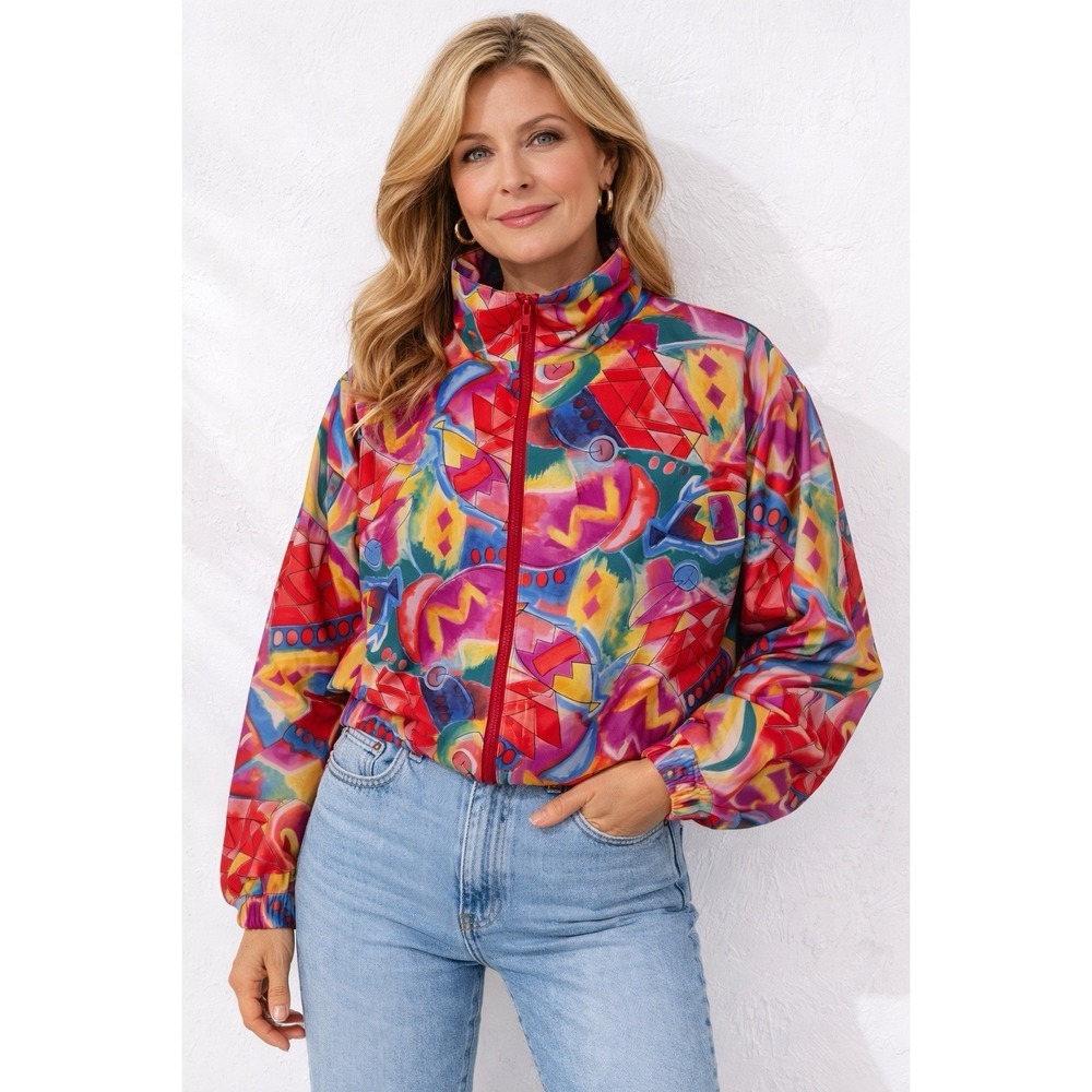 Lily's of Beverly Hills Vintage 90s Abstract Geometric Windbreaker Jacket L